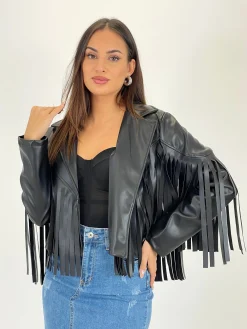 Chaqueta cropped flecos efecto piel